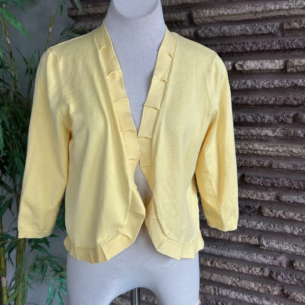 89th and Madison Yellow Pleated Trim Open Drape Cardigan Sweater Size M